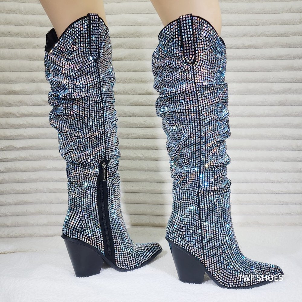 Cape Robbin Diamond Rider Rhinestone Glamour Western Slouch Draped Knee Boots - Picture 7 of 17